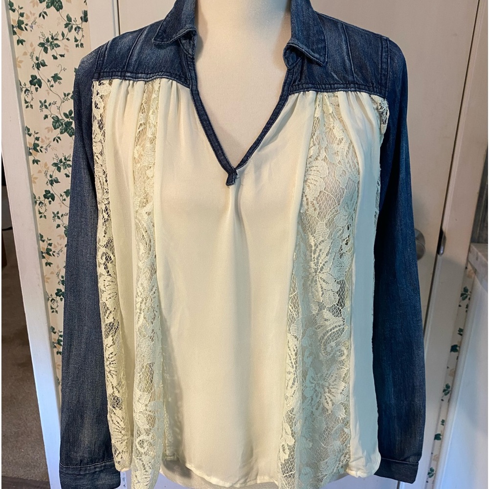 Free People XS Denim & Lace Top